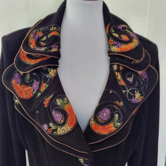 Vtg 80s Design Today's Black Purple Red Bronze Floral Trim‎ Button Down Jacket - Picture 1 of 14